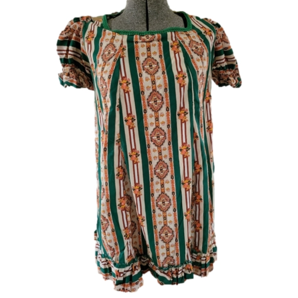 Vintage Handmade Floral Striped Ruffled Dress